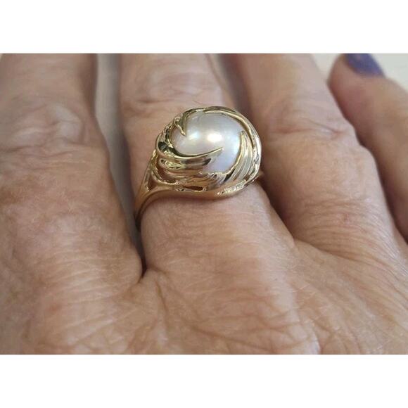 10k Yellow Gold 15mm Mabe Pearl Ring Size 10 Swirl Design 5 Grams - Picture 4 of 4